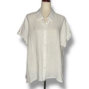 Studio Park White Crepe Cotton Short Cuffed Sleeve Button Up Top Size Large